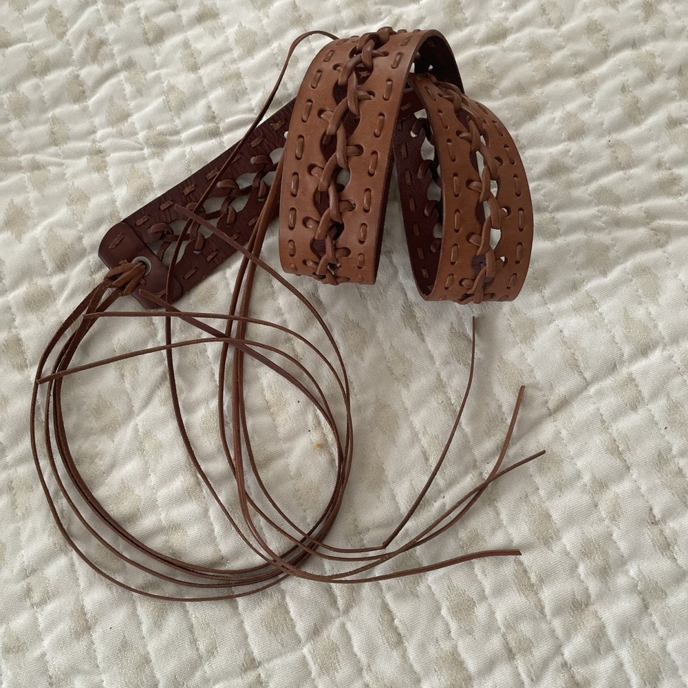 Vintage Woven LEATHER Fringe Tasseled Wrap 2" Wide Belt Women Large Cognac Brown - Picture 2 of 4